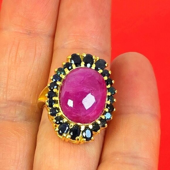 925 Sterling Silver Ring Sz 6.75 with Natural Ruby 1.6x1.3cm & Sapphire Gems - Picture 6 of 14